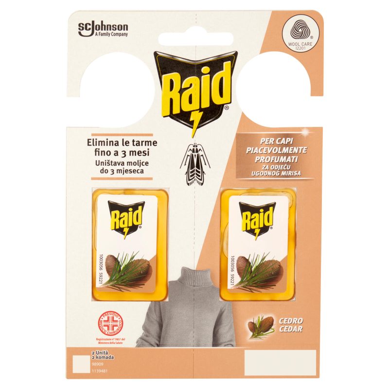 Raid Anti Tarme Gel Vestiti, Per Capi Piacevolmente Profumati, Fragranza al Cedro, 2 x 3g