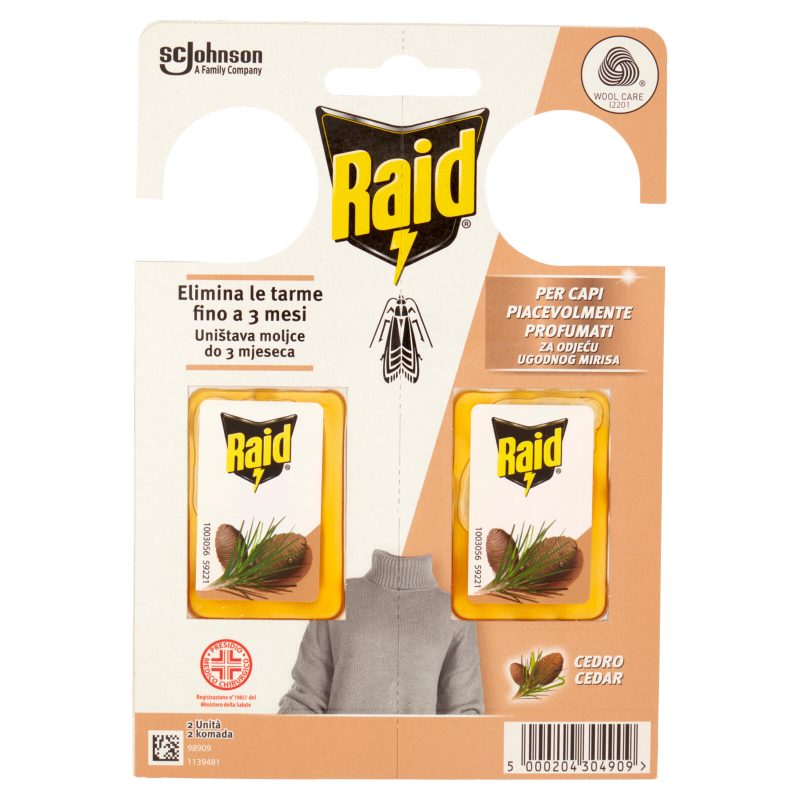 Raid Anti Tarme Gel Vestiti, Per Capi Piacevolmente Profumati, Fragranza al Cedro, 2 x 3g