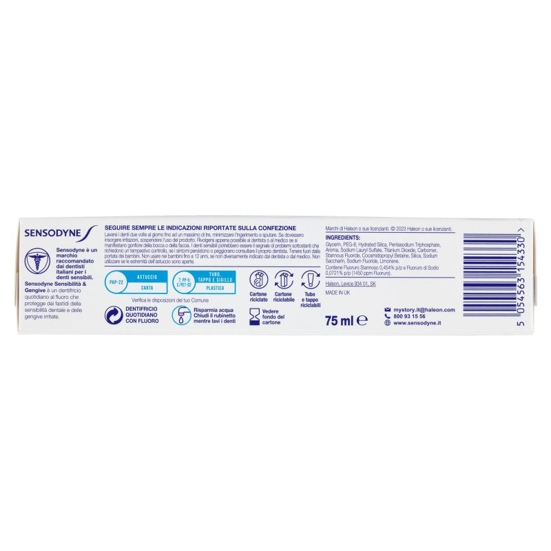 Sensodyne Sensibilità & Gengive Whitening, Dentifricio per Denti sensibili e Fastidi Gengivali 75 ml