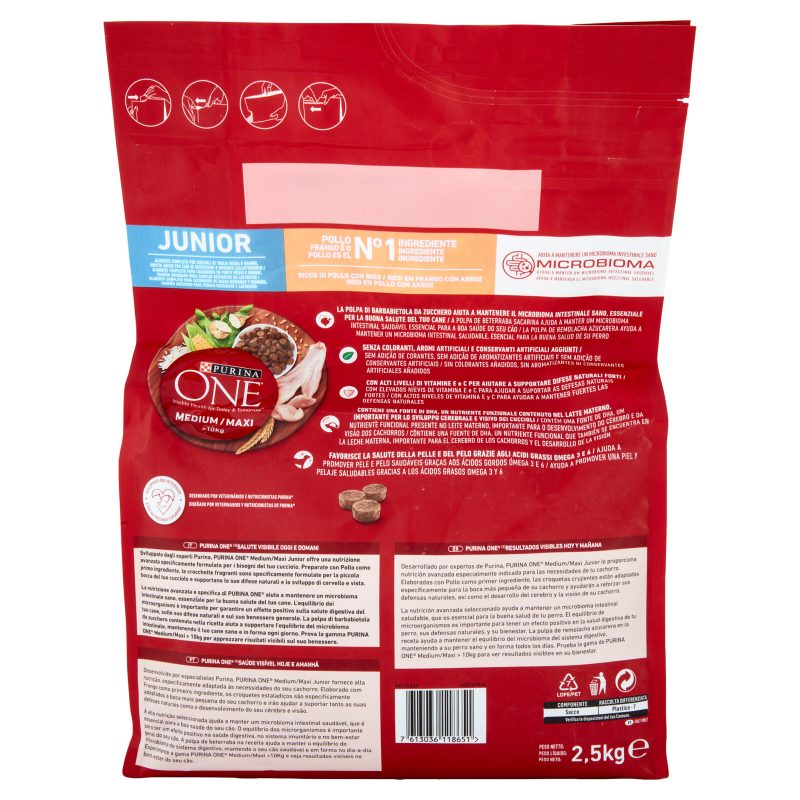 PURINA ONE Medium/Maxi Junior Ricco in Pollo con Riso 2,5 kg