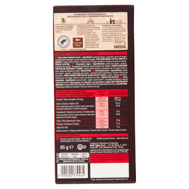 PERUGINA NERO Fondente Extra 95% Tavoletta Cioccolato Fondente 85g