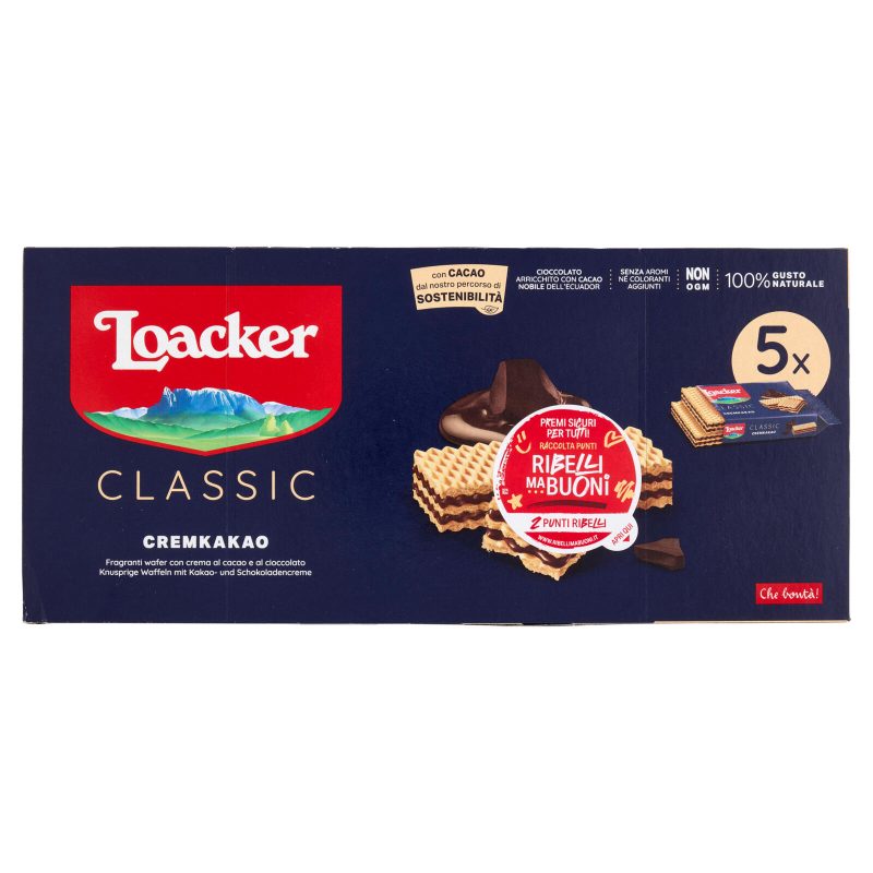 Loacker Classic Cremkakao Wafer con crema al Cioccolato e Cacao Nobile dell'Ecuador Wafers 45gx5