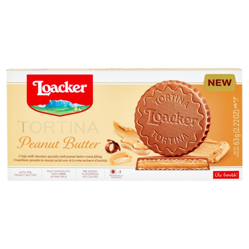 Loacker Tortina Peanut Butter Wafer ricoperto di cioccolato al latte con crema alle arachidi 21gx3