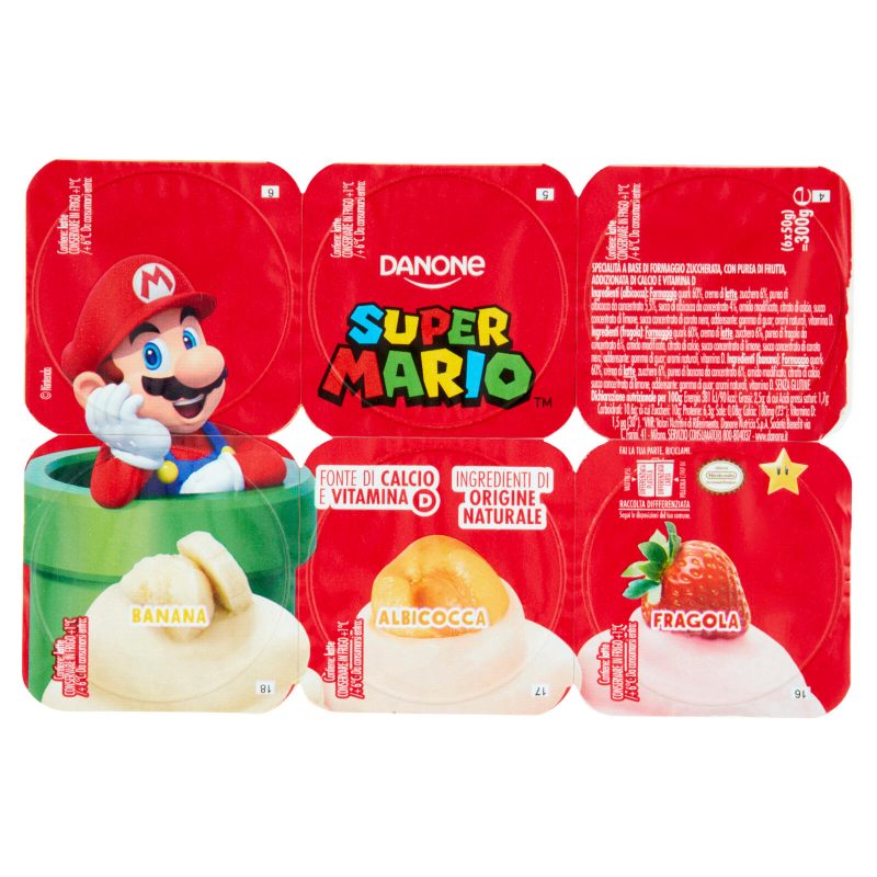 Danone Supermario, Merenda base formaggio, gusto Banana/Frag/Albicocca,fonte di Calcio, 6x50g