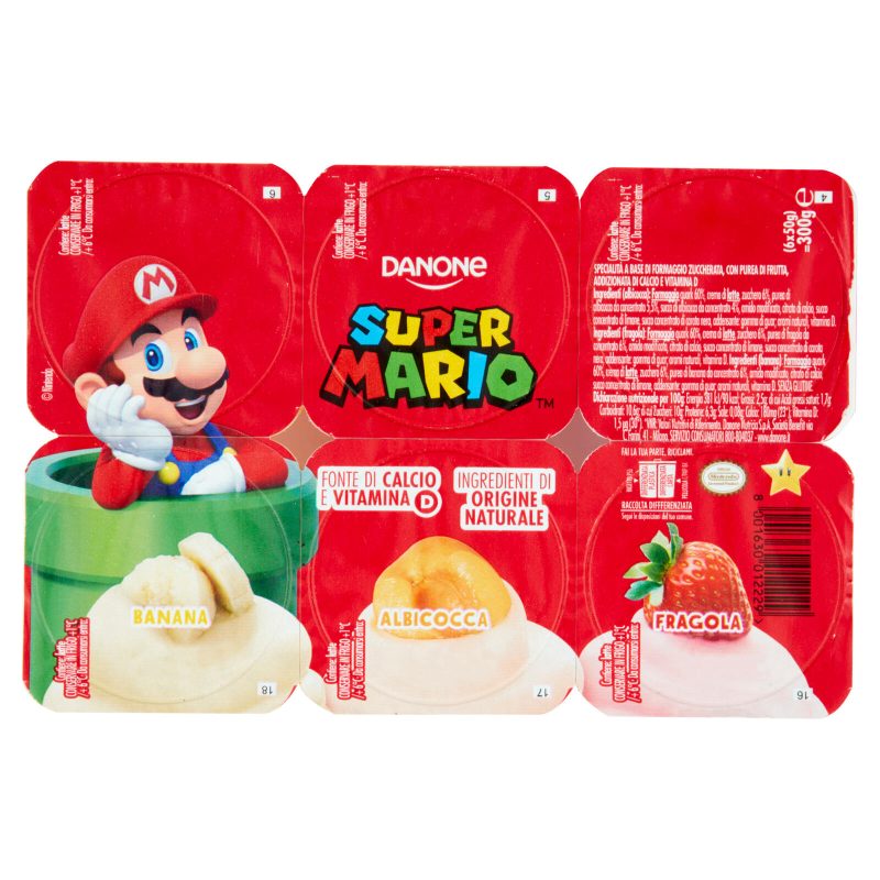 Danone Supermario, Merenda base formaggio, gusto Banana/Frag/Albicocca,fonte di Calcio, 6x50g