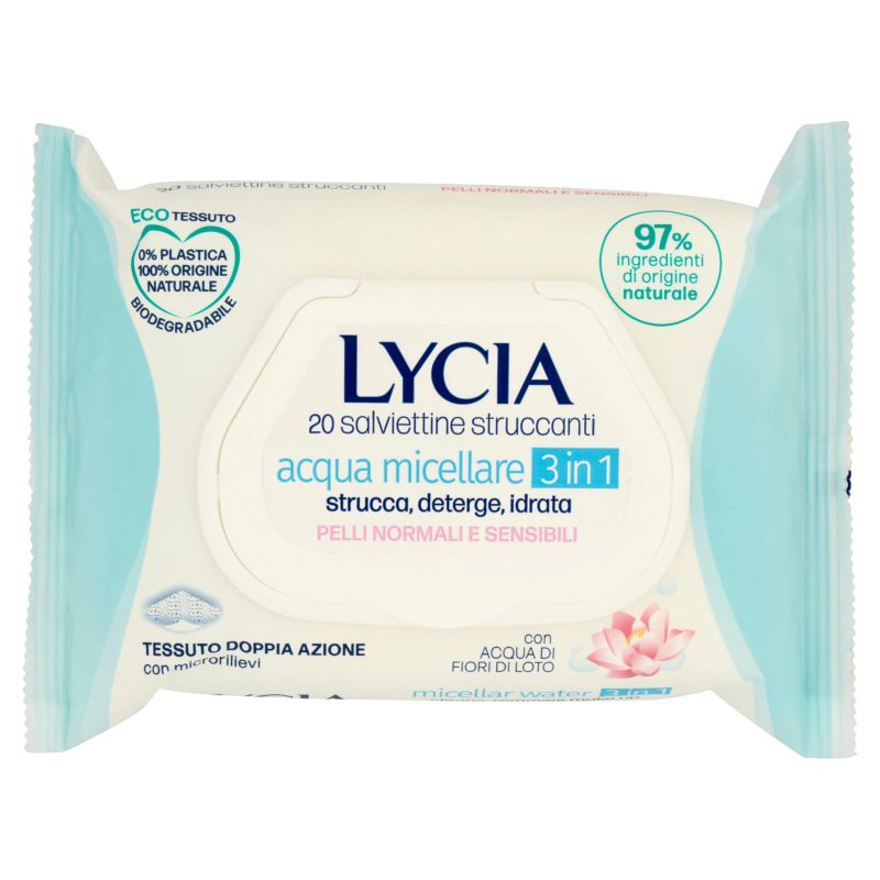 Lycia salviettine struccanti acqua micellare 3 in 1 Pelli Normali e Sensibili 20 pz