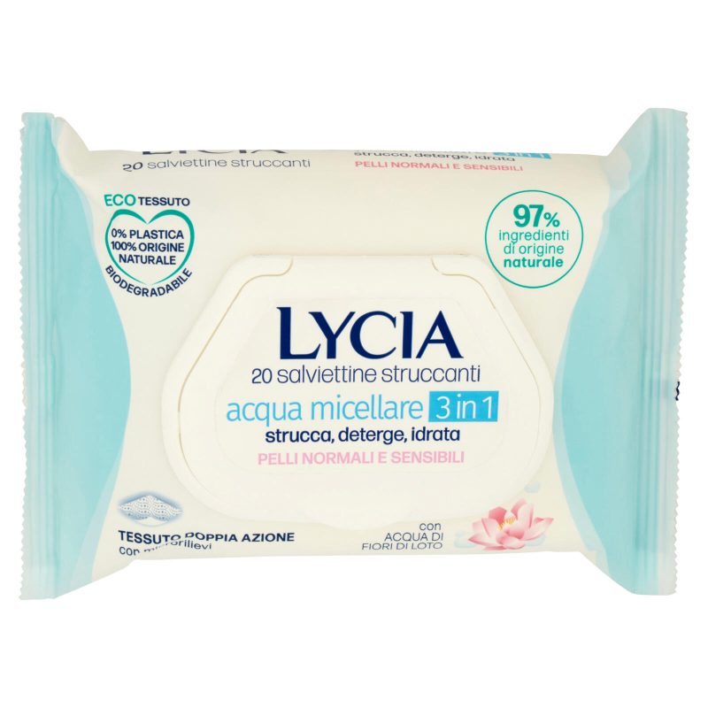 Lycia salviettine struccanti acqua micellare 3 in 1 Pelli Normali e Sensibili 20 pz