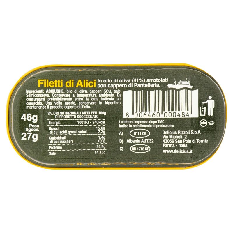 Delicius Filetti di Alici in olio di oliva arrotolati con cappero di Pantelleria 46 g