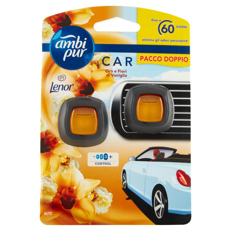 Ambi Pur Profumatore per Auto Usa e Getta, Lenor Oro e Fiori Vaniglia, 2 Deodoranti, 2 x 2 ml