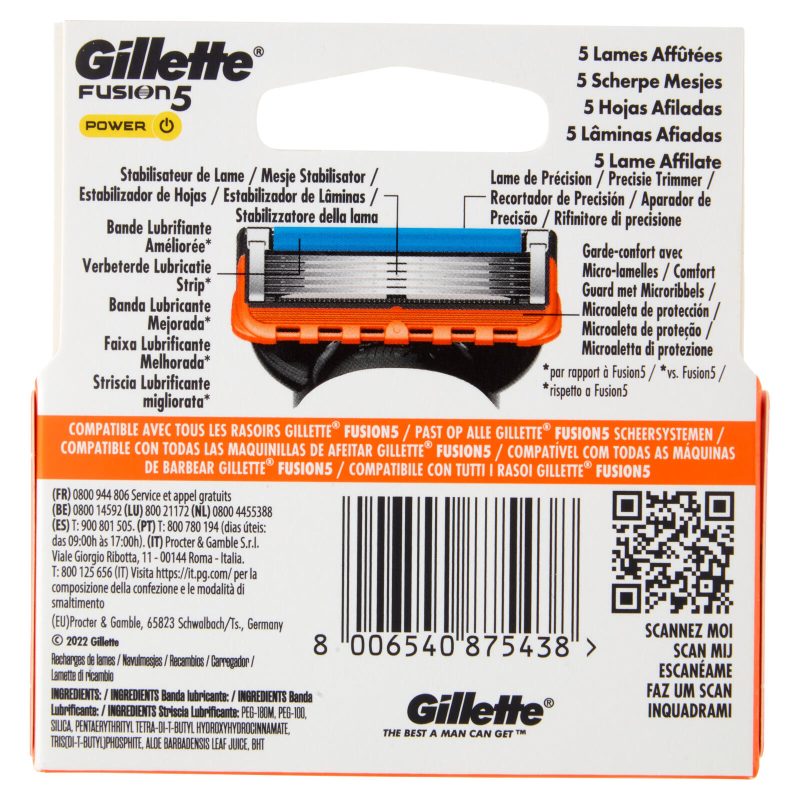 Gillette Fusion5 Power Lamette di ricambio per Rasoio da Uomo, 4 Ricariche