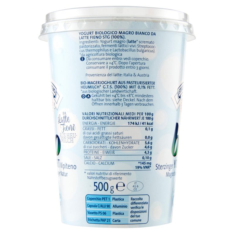 Sterzing Vipiteno bio Yogurt da Latte Fieno Magro bianco 500 g