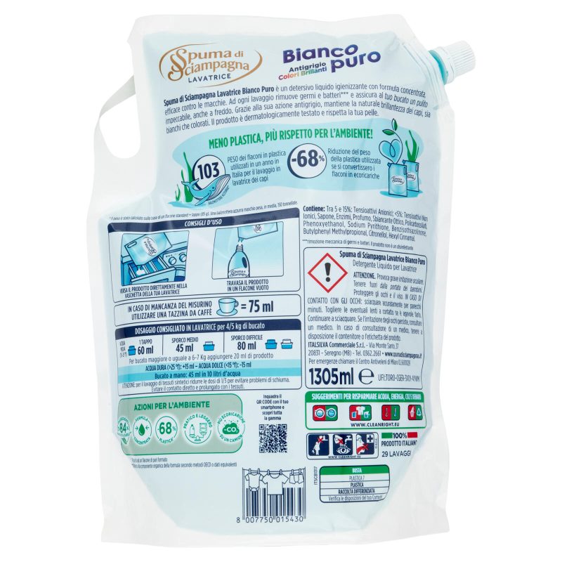 Spuma di Sciampagna Bianco puro Lavatrice Igienizzante Ecoricarica 1305 ml