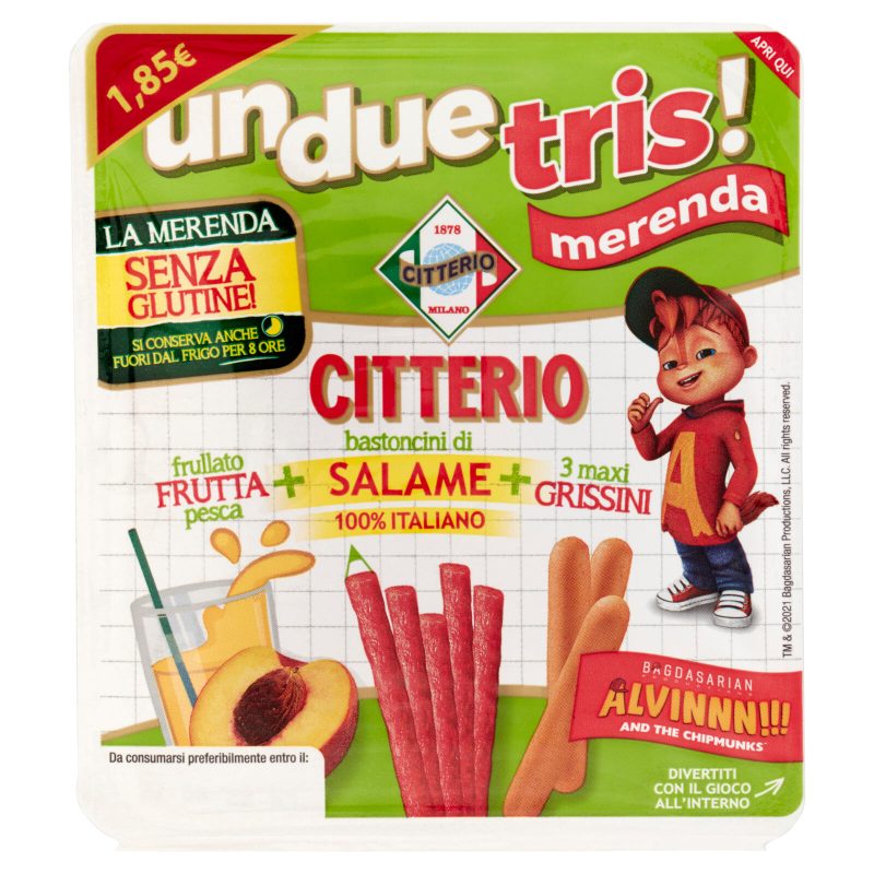 Citterio un due tris! merenda Senza Glutine frullato pesca+bastoncini di Salame+Grissini 160 g