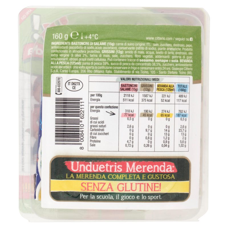 Citterio un due tris! merenda Senza Glutine frullato pesca+bastoncini di Salame+Grissini 160 g