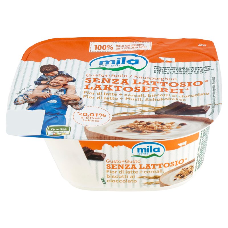 mila Gusto+Gusto Senza Lattosio* Fior di latte + cereali, biscotti al cioccolato 150 g