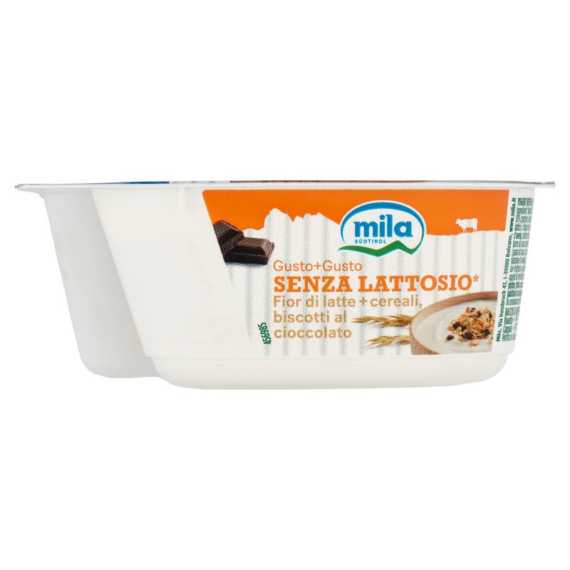 mila Gusto+Gusto Senza Lattosio* Fior di latte + cereali, biscotti al cioccolato 150 g