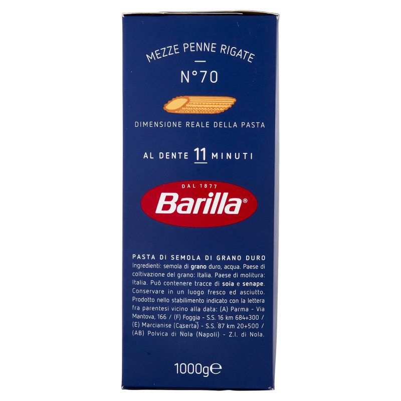 Barilla Pasta Mezze Penne Rigate n.70 100% Grano Italiano 1Kg