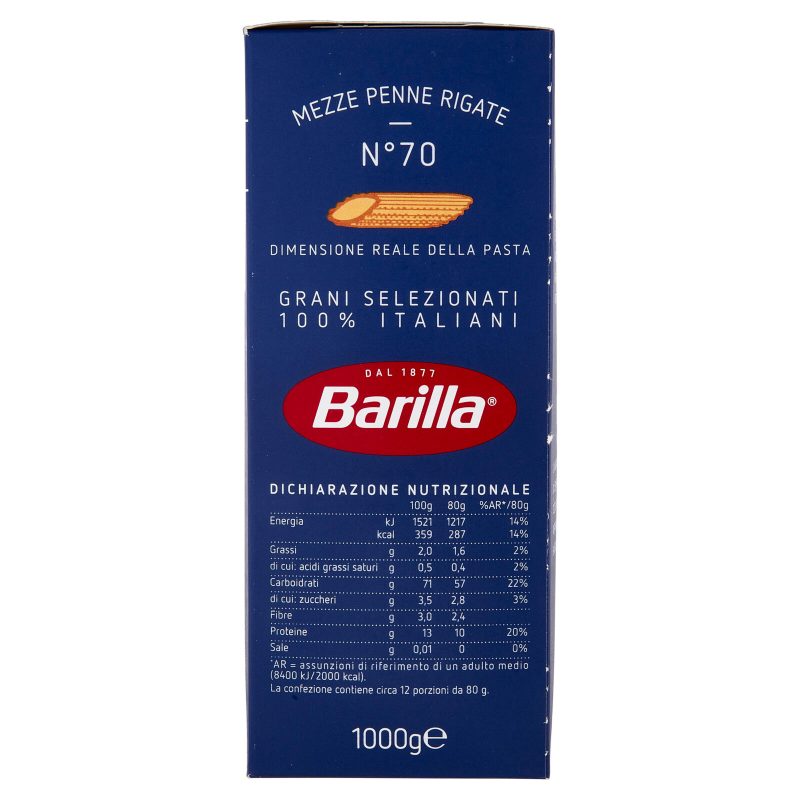 Barilla Pasta Mezze Penne Rigate n.70 100% Grano Italiano 1Kg