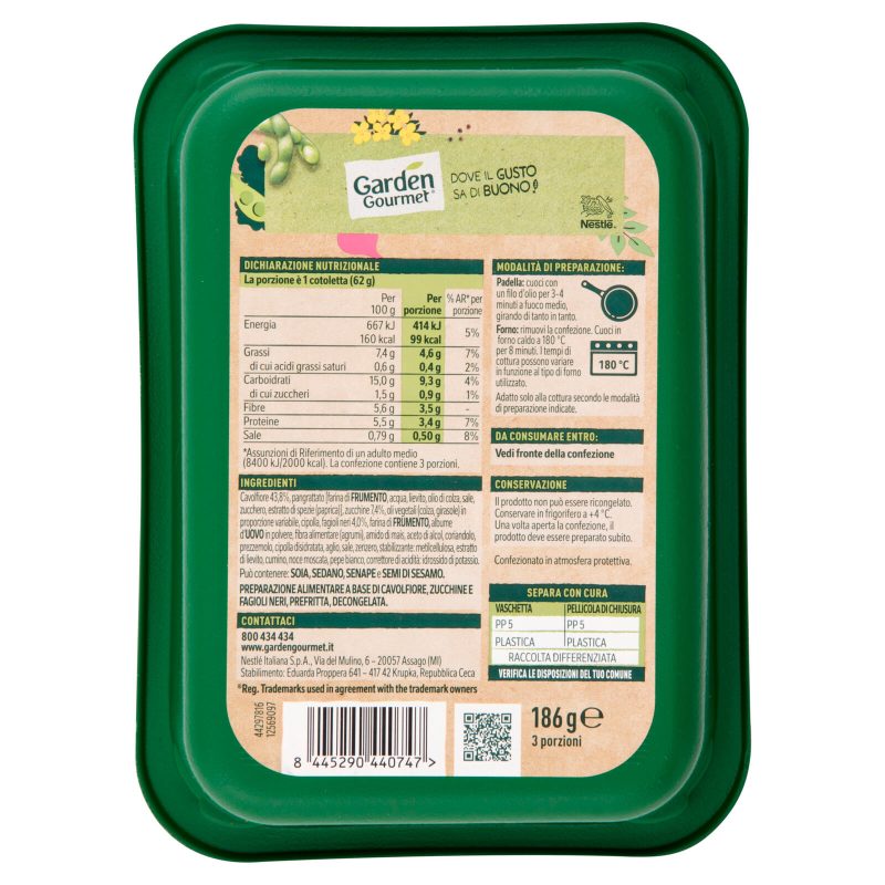 GARDEN GOURMET Cotolette 99kcal Vegetali con Cavolfiore, Zucchine e Fagioli Neri 3 pezzi 186 g