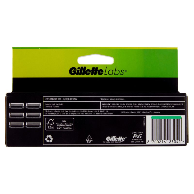 Gillette Lamette di Ricambio per Rasoio da Uomo Labs, 6 Ricariche