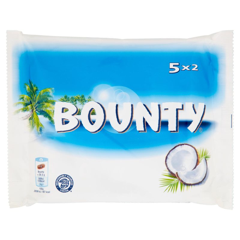 Bounty Snack di Cioccolato al Latte Ripiena al Cocco, Multipack da 5 x 57g