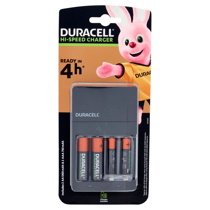 Duracell Caricabatterie da 4 ore con incluse batterie ricaricabili 2 AA + 2 AAA