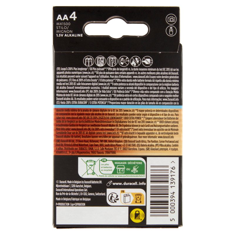 Duracell Optimum AA Batterie Stilo Alcaline 1.5 V LR06 MX1500 confezione da 4 Pile Duracell