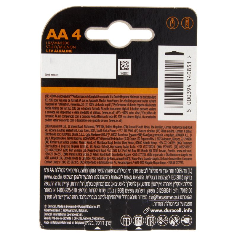 Duracell Plus AA Batterie Stilo Alcaline 1.5V LR06 MX1500 Pile Duracell confezione da 4 Pile Duracel