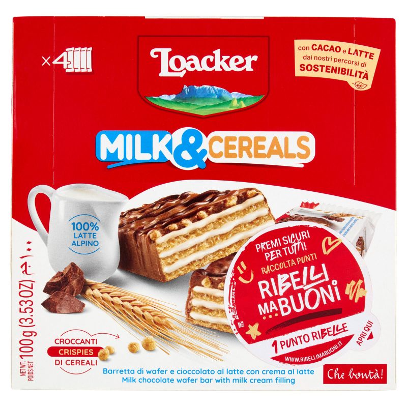 Loacker Milk & Cereals Barrette di Wafer e Cioccolato al Latte 4x25 g