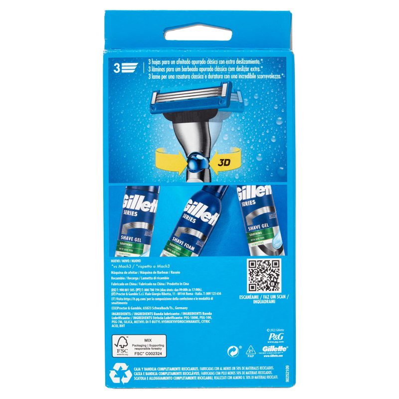 Gillette Rasoio Uomo Mach3 Turbo a 3 Lame, 1 Manico + 2 Lamette Barba