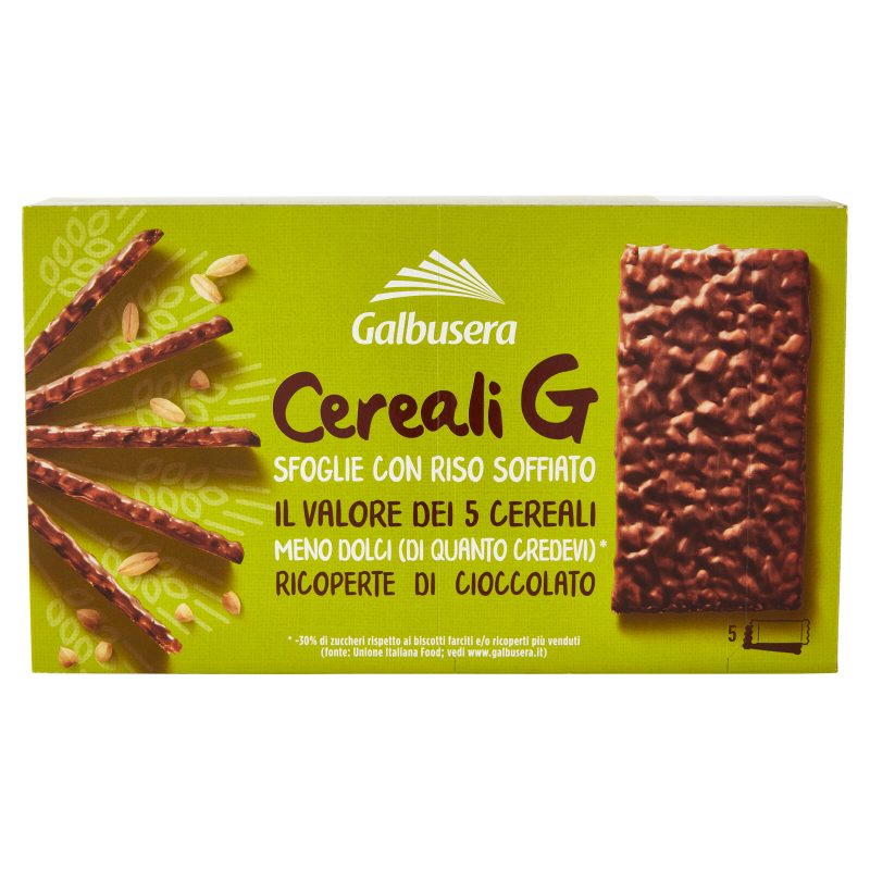 Galbusera Cereali G Sfoglie con Riso Soffiato Ricoperte di Cioccolato 5 x 30 g