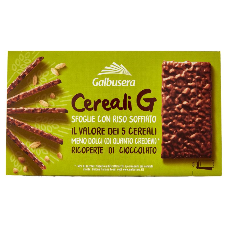 Galbusera Cereali G Sfoglie con Riso Soffiato Ricoperte di Cioccolato 5 x 30 g