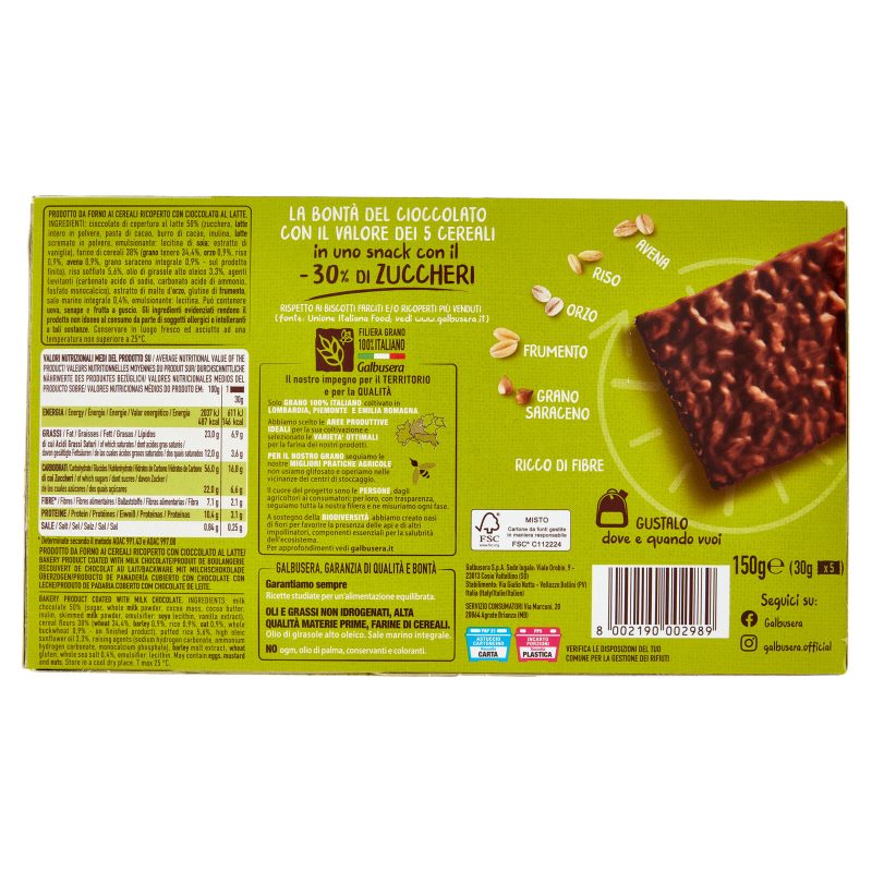 Galbusera Cereali G Sfoglie con Riso Soffiato Ricoperte di Cioccolato 5 x 30 g