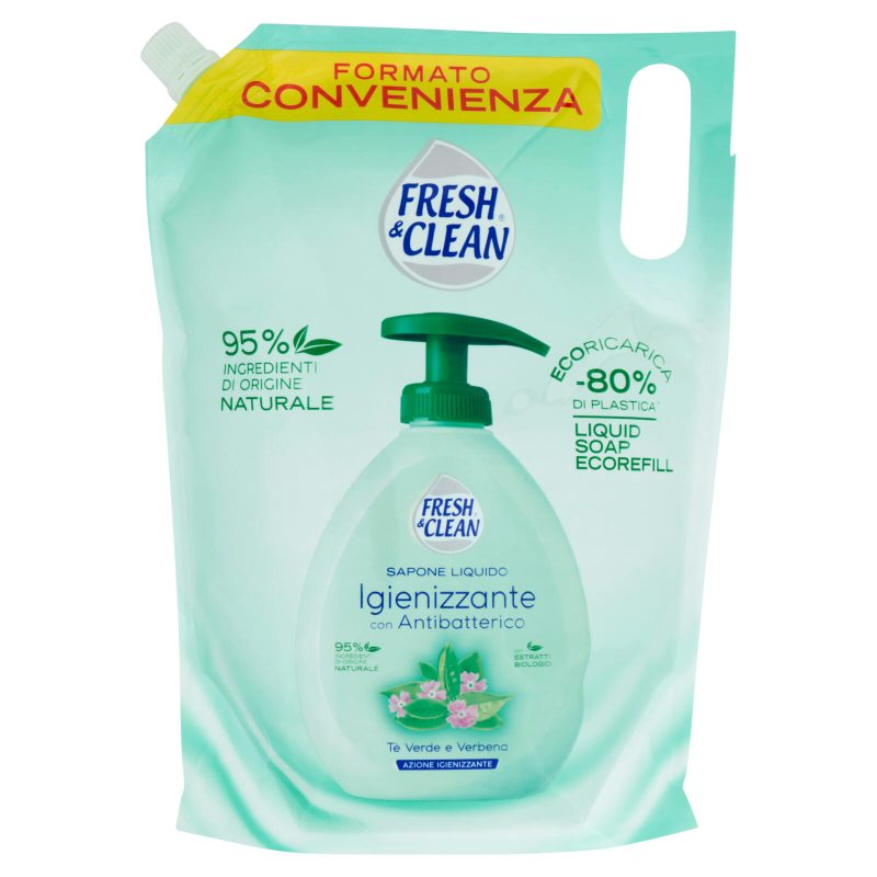 Fresh & Clean Sapone Liquido Igienizzante con Antibatterico Tè Verde e Verbena Ecoricarica 1000 ml