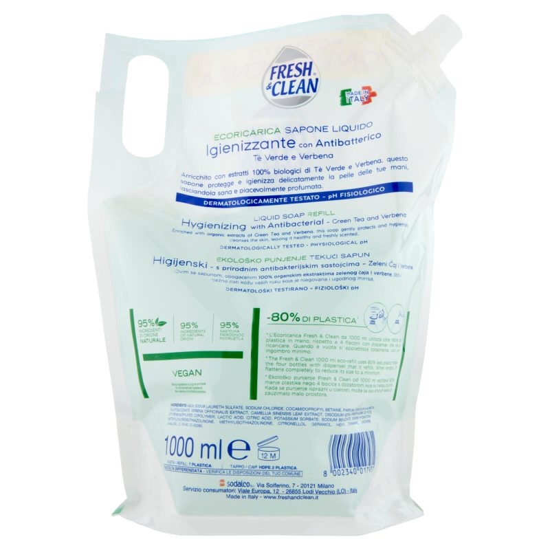 Fresh & Clean Sapone Liquido Igienizzante con Antibatterico Tè Verde e Verbena Ecoricarica 1000 ml