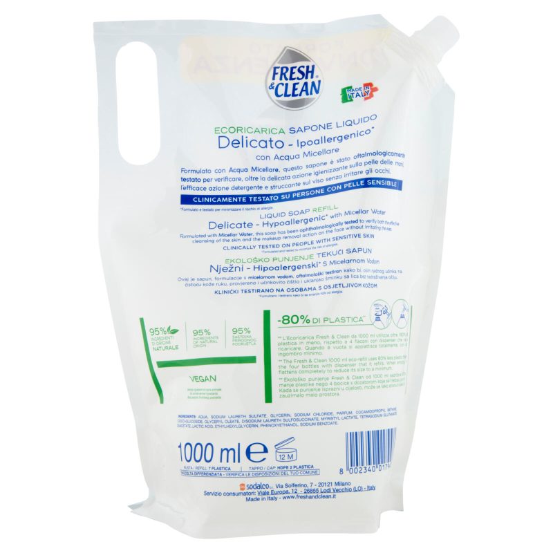 Fresh & Clean Sapone Liquido Delicato Ipoallergenico* con Acqua Micellare Ecoricarica 1000 ml