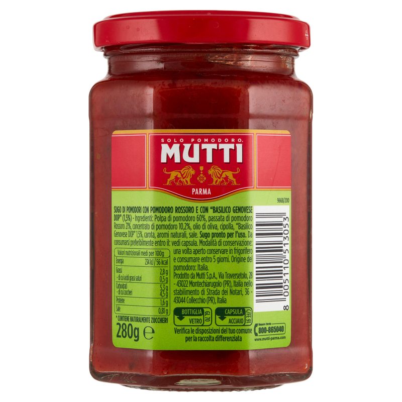 Mutti Sugo con Pomodoro Rossoro e con Basilico Genovese DOP 280 g