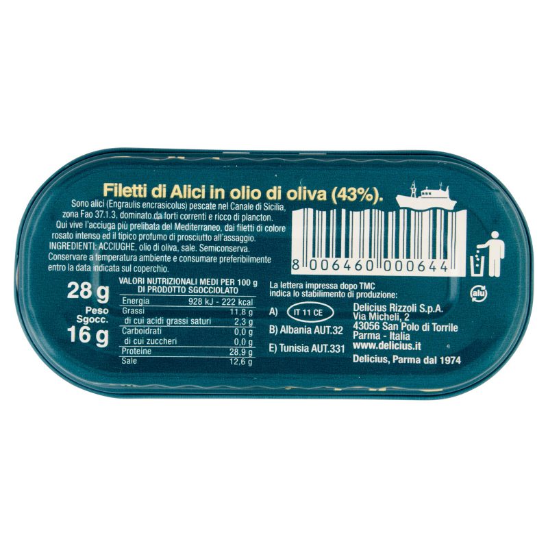 Delicius Canale di Sicilia Filetti di Alici in olio di oliva 28 g