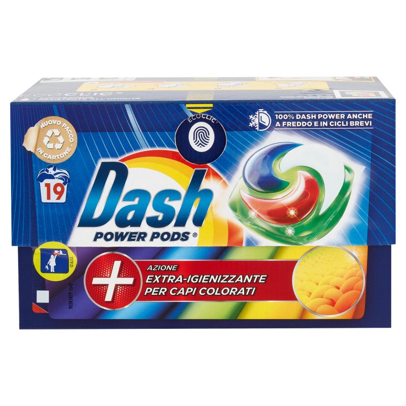 Dash Power Pods Detersivo Lavatrice Capsule, Azione Extra-Igienizzante Colorati, 19 Lavaggi 488,3 g