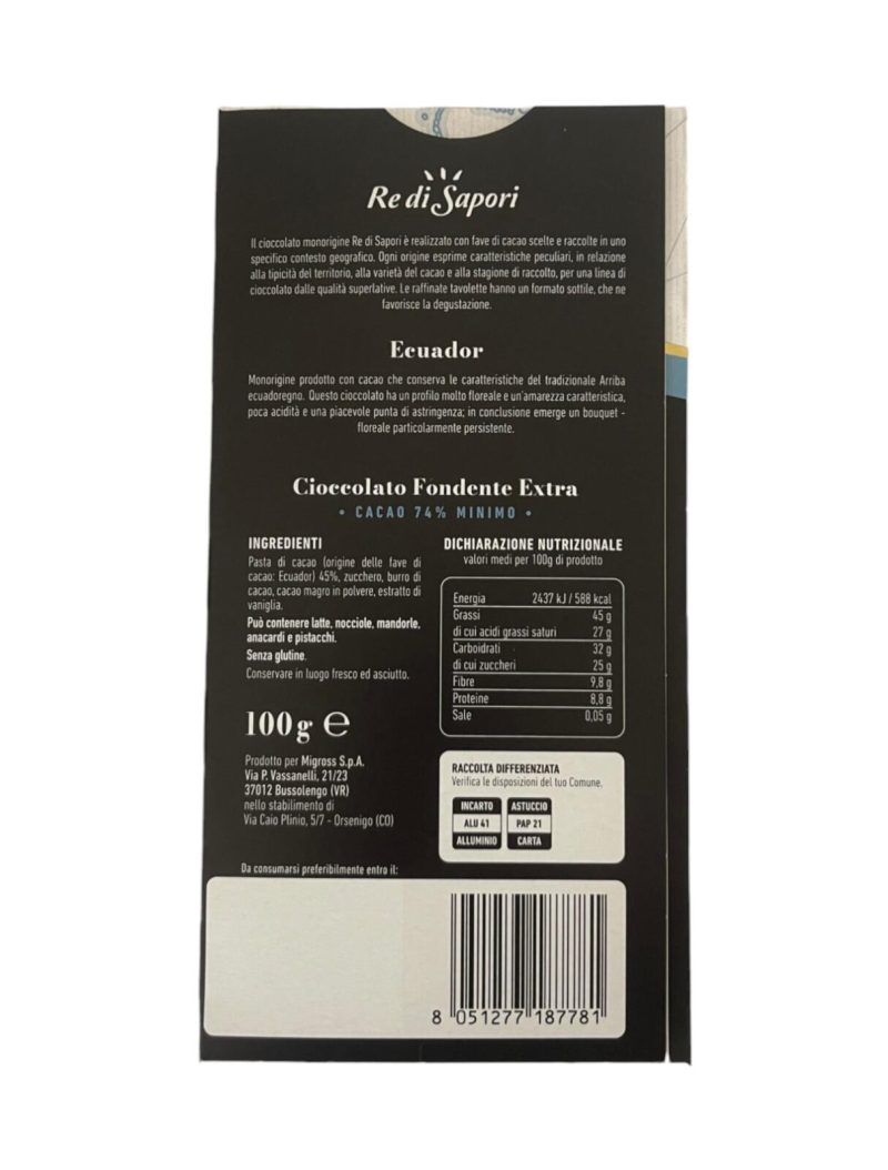 Re di Sapori Cioccolato Fondente Extra Monorigine 74% Ecuador 100 g