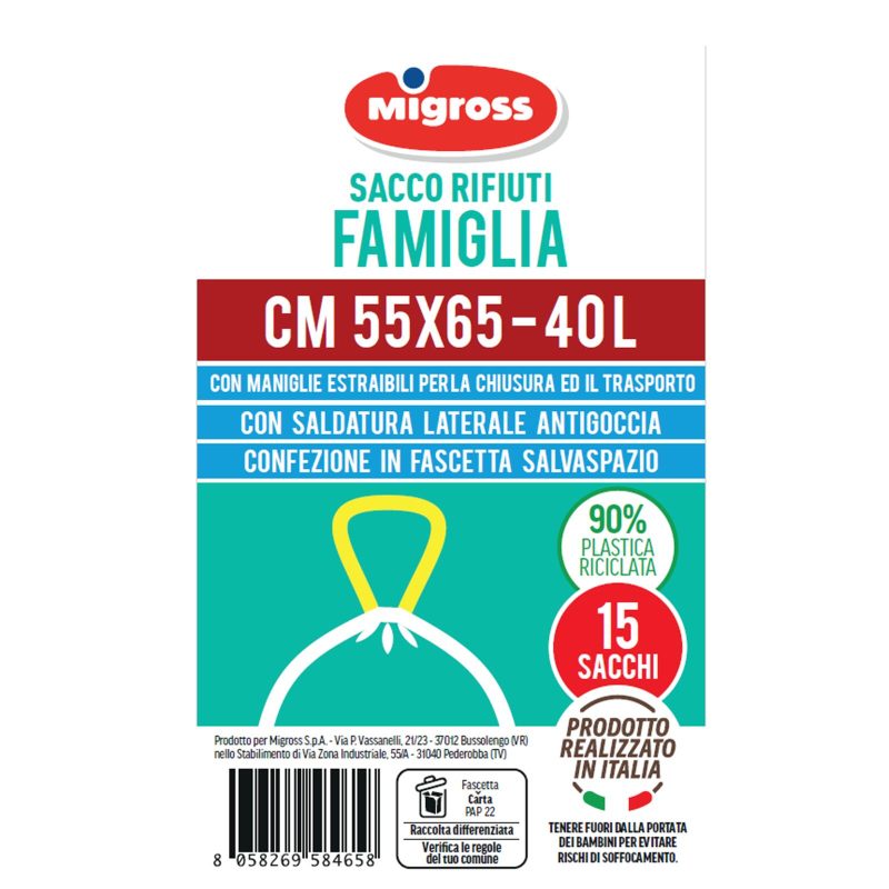 Migross Sacco rifiuti trasparente formato famiglia 15x40 L