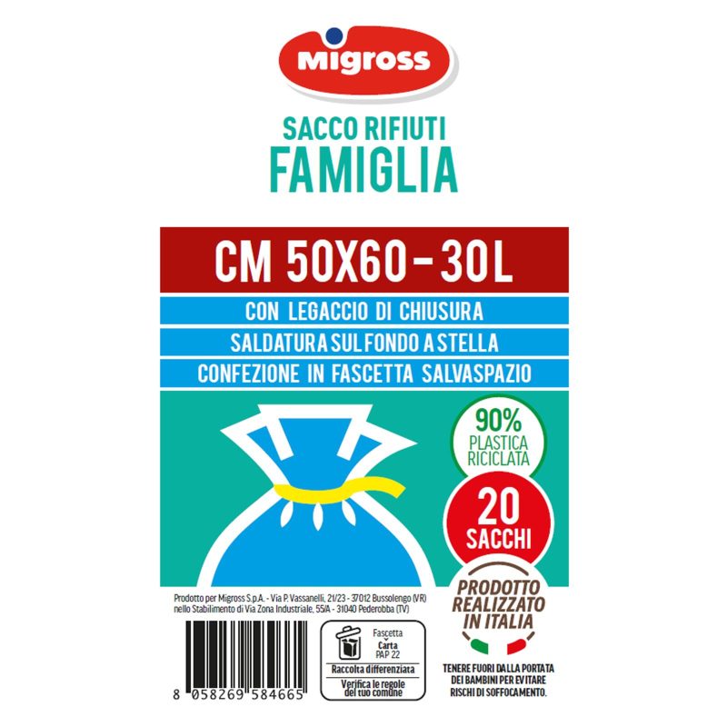 Migross Sacco rifiuti azzurro formato famiglia 20x30 L