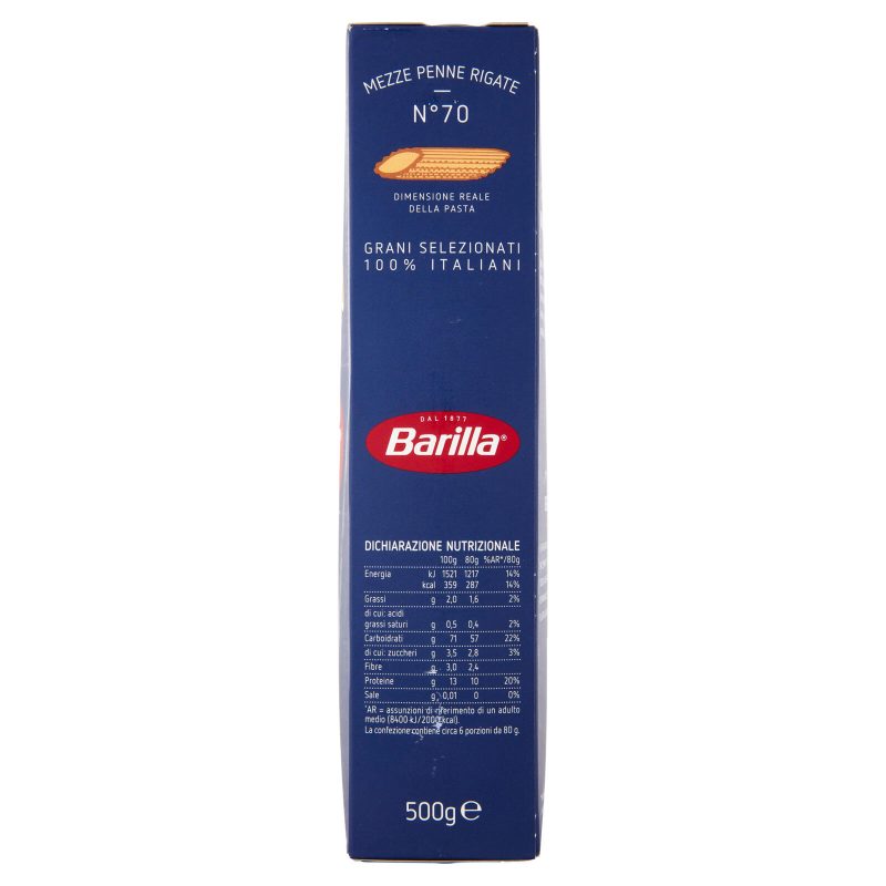 Barilla Pasta Mezze Penne Rigate n.70 100% Grano Italiano 500g