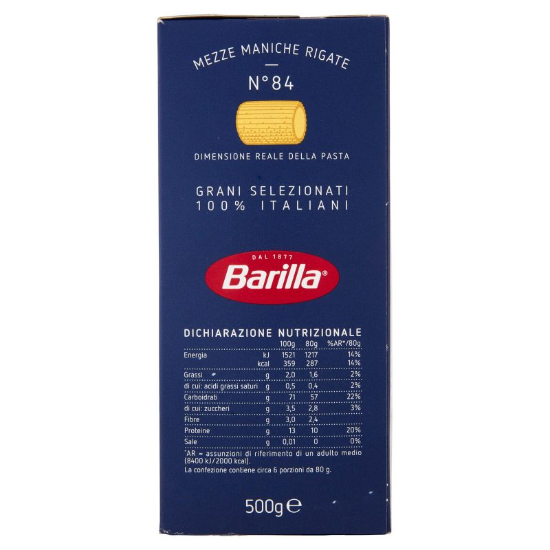 Barilla Pasta Mezze Maniche Rigate n.84 100% Grano Italiano 500g