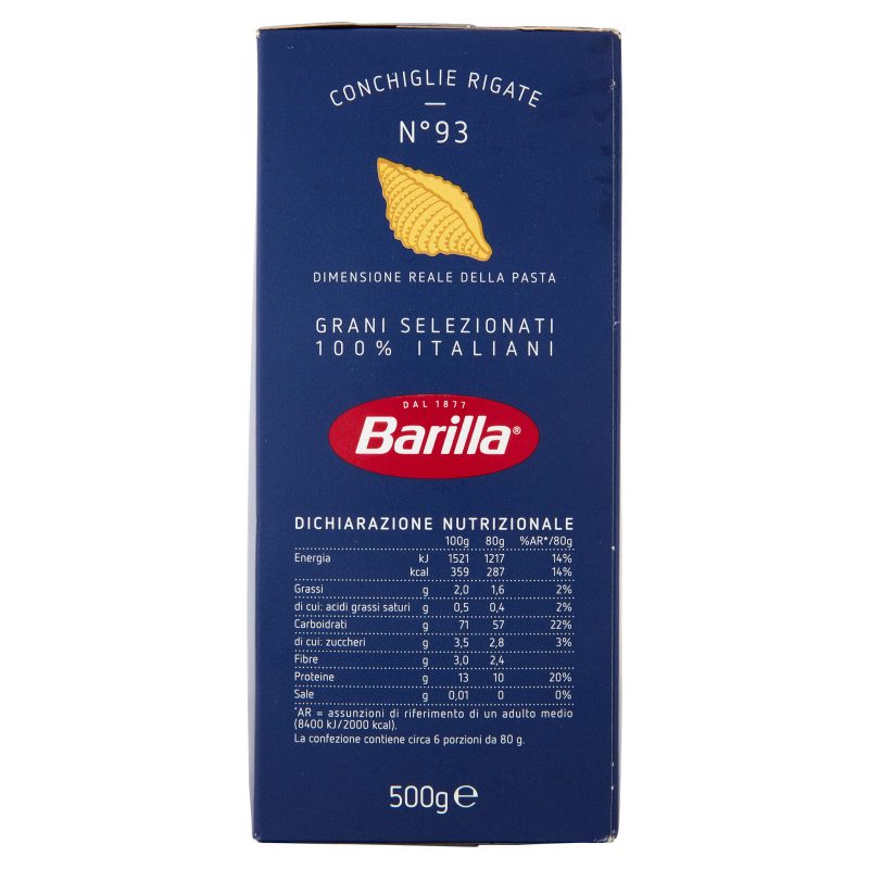 Barilla Pasta Conchiglie Rigate n.93 100% Grano Italiano 500g