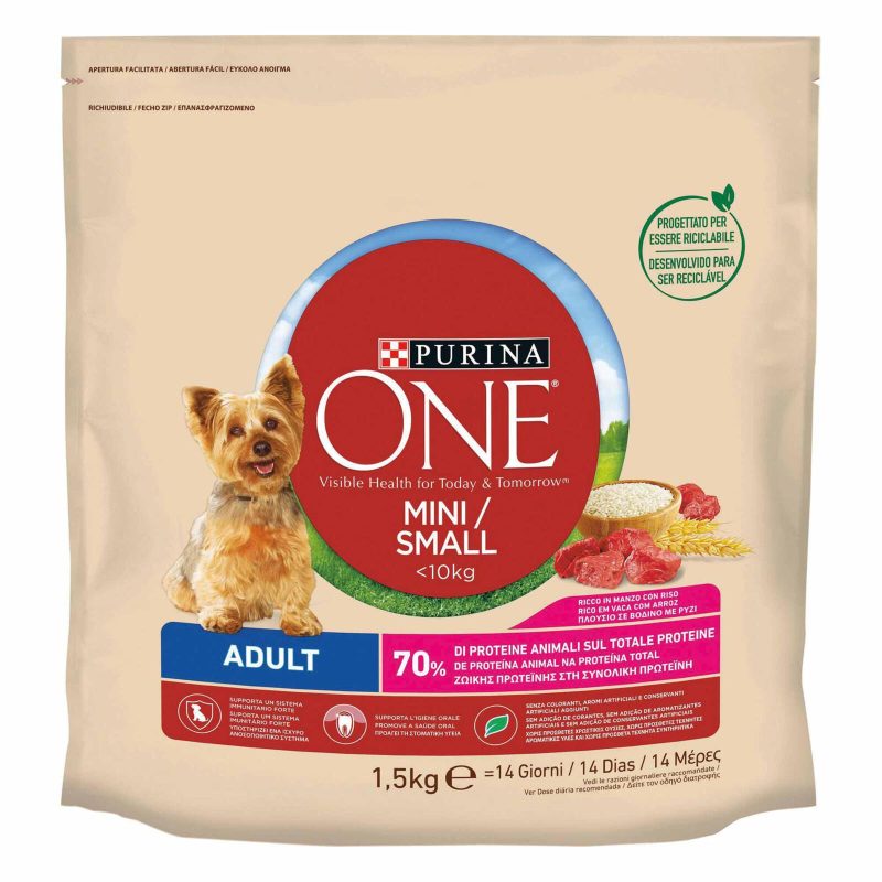 PURINA ONE Mini/Small Adult Ricco in Manzo con Riso 1,5 kg