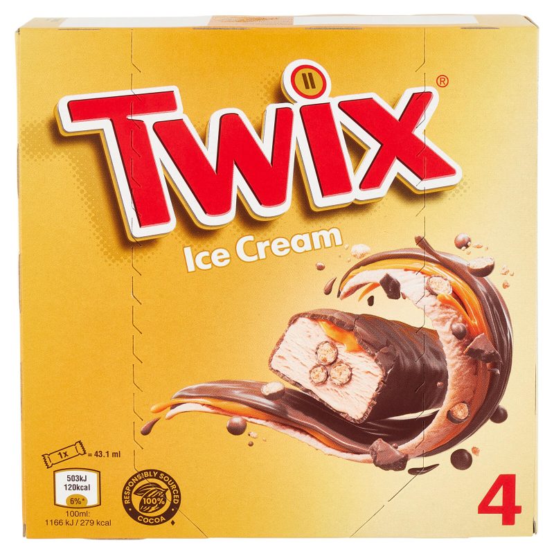 Twix Barretta Gelato con biscotto ricoperto di cioccolato al latte, Multipack da 4 x 34.2 g