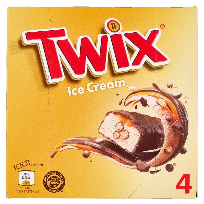 Twix Barretta Gelato con biscotto ricoperto di cioccolato al latte, Multipack da 4 x 34.2 g