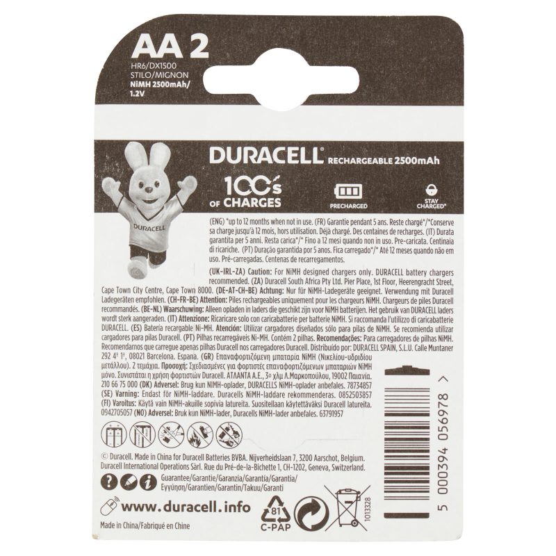 Duracell Rechargeable AA 2500mAh Prericaricate Batterie Stilo Ricaricabili confezione da 2