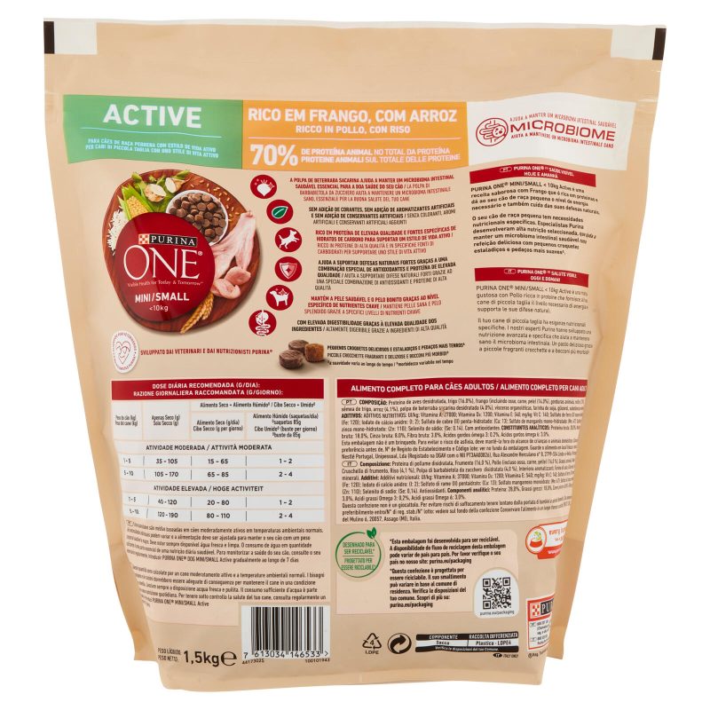 PURINA ONE Mini/Small Active Ricco in Pollo, con Riso 1,5 kg